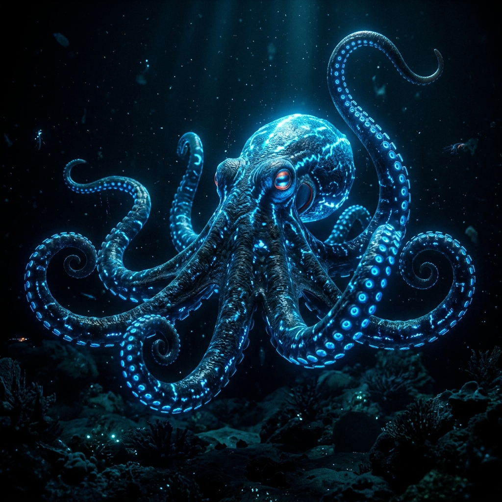 Giant glowing octopus in the deep ocean