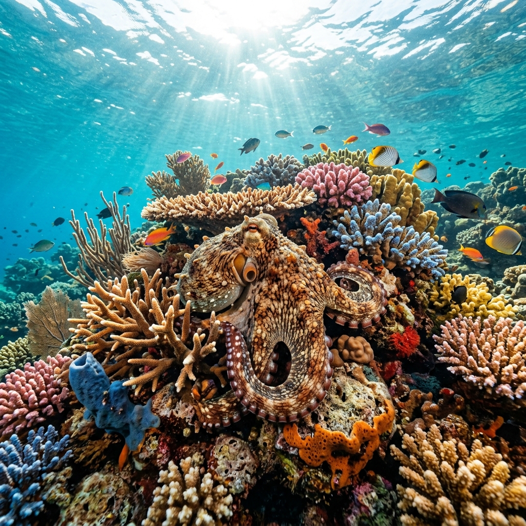 Octopus Camouflaged on Coral Reef